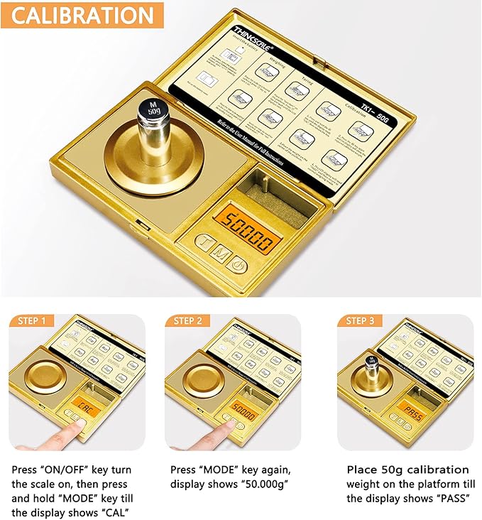 THINKSCALE 50g/0.001g Digital Milligram Scale, Gold Mg Scale with 50g Calibration Weight, Powder Scale for Reloading, Micro Gram Scale, Miligram Scale for Powder Medicine