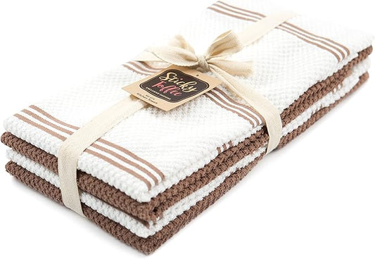 Sticky Toffee Cotton Kitchen Towels Set of 4 – Brown and White Hand Towels 28x16 in, Reusable and Absorbent Tea Towels for Cleaning or Drying, Oeko-Tex Cotton