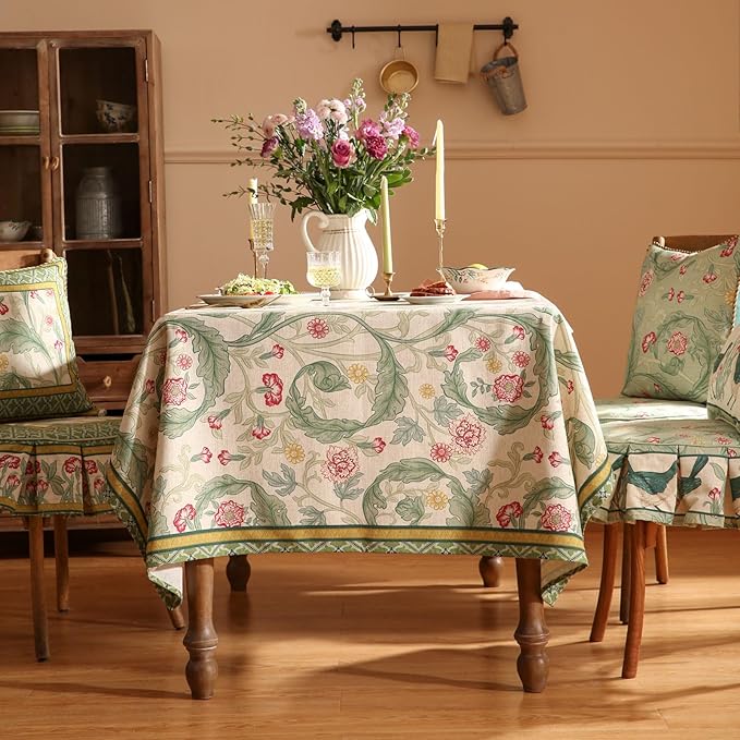 patdrea Designer Green Tablecloth for Rectangle Tables,Vintage Linen with Leaves and Flowers Pattern Tablecloths,Farmhouse Floral Table Cover Cloth Decor for Kitchen Dining Christmas,55"*87"