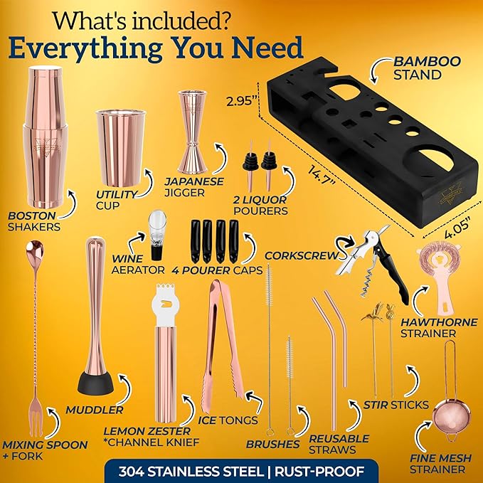 Elite Mixology Bartender Kit 20-Piece Boston Cocktail Shaker Set for Mixing with Stand- Indestructible Bar Accessories Bartending Kit, Cocktail Bar Set, Bartender Set, Bonus Recipe Cards Bar Tools