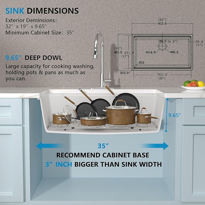 32 Granite Composite Kitchen Sink - Fulorni 32"x19" Granite Kitchen Sink Undermount Ledge Workstation White Quartz Classic Under Counter Single Bowl Basin