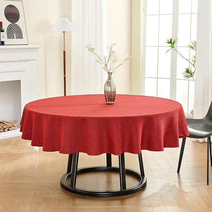 BALCONY & FALCON Rectangle Tablecloth Washable Wrinkle Resistant and Water Proof Table Cloth Decorative Linen Fabric Tablecloths for Dining Party Kitchen Wedding and Outdoor Use (Buby Red, 107" Round)