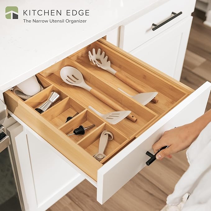 KitchenEdge Adjustable Kitchen Drawer Organizer for Utensils and Junk, Food-Safe Contract Grade with 100% Sustainable Wood, Expandable from 10.5 to 19 Inches Wide - Natural Bamboo