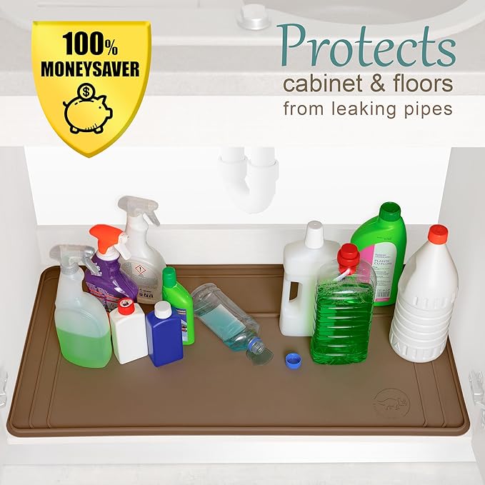The Original Under Sink Mat - Silicone Waterproof mat, Adjustable, Easy to Clean, Kitchen cabinet liner, Disifenction Surface - 31" x 22" or smaller (Brown, 31" x 22")
