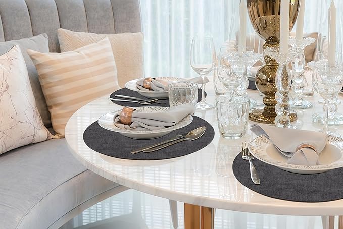 homing Round Faux Leather Placemat and Coaster 6 Packs, Washable Heat Resistant Dining Place Mats, Wipeable Double-Sided Table Mats for Indoor and Outdoor, Diameter 13 and 3.93 inch, Charcoal