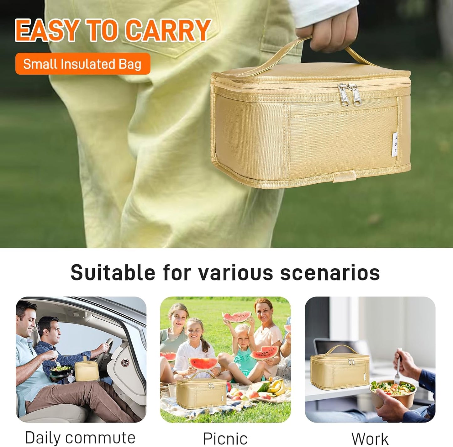 NOL Natural Organic Lifestyle Small Lunch Bag Mini Lunch Box Insulated Lunch Bag for Men/Women Leakproof Cooler Tote Bag Lightweight Nylon Waterproof Lunch Box For Work,Gold