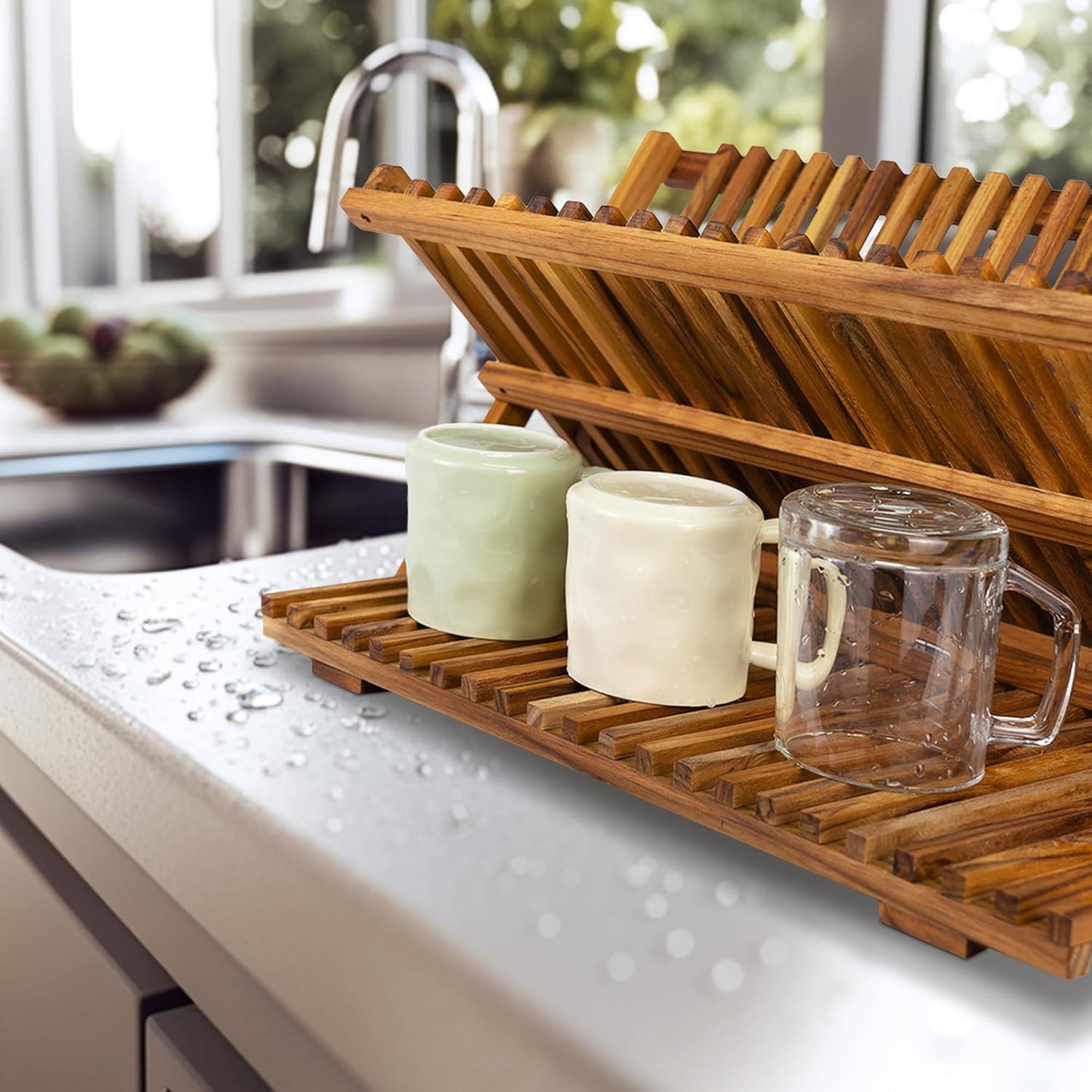 Utoplike Large Teak Dish Drying Rack, Wooden 3 Tier Collapsible Dish Draine for Countertop, Kitchen Organizer for Pasta Plates, Cups