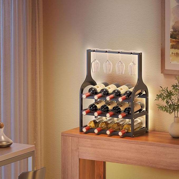 Wine Rack Countertop for 12 Wine Bottles and 4 Glass Holder, Small Bamboo Free Standing Racks Tabletop Display, Wooden Wine Storage Organizer for Cabinet Pantry Kitchen Bar Home Dining Room (Black)