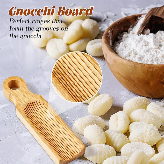 Tioncy 7 Pcs Pasta Making Tool Set Wood Gnocchi Board with Ravioli Stamp Ravioli Maker and Rolling Pin Homemade Gnocco Maker Kitchen Gift for Christmas Baking Lovers(Curved Gnocchi Board Set)