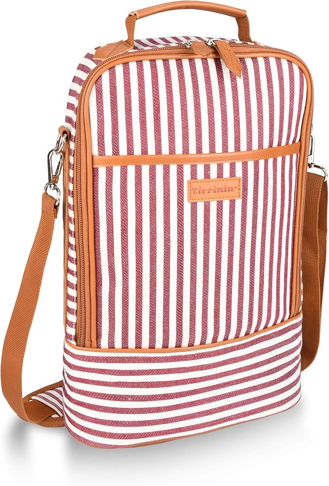 Tirrinia Insulated 2 Bottle Wine Gift Tote Bag - Wine Tumbler Glass Cooler Carrier for BYOB Restaurants, Wine Tasting, Travel, Park, Beach, Great Wine Lover Gift, Red Stripe