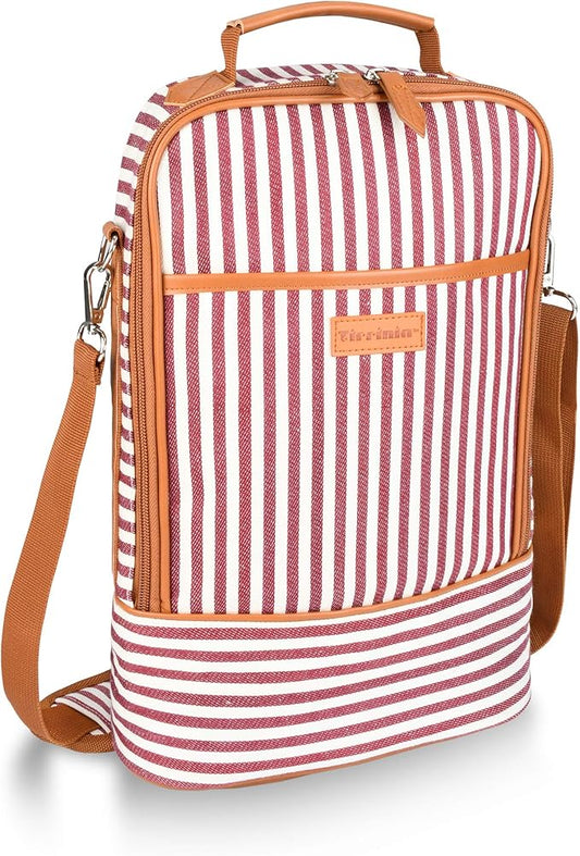 Tirrinia Insulated 2 Bottle Wine Gift Tote Bag - Wine Tumbler Glass Cooler Carrier for BYOB Restaurants, Wine Tasting, Travel, Park, Beach, Great Wine Lover Gift, Red Stripe