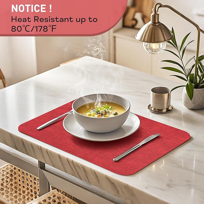 Vinly Placemats Set of 6 - Waterproof Wipeable Faux Leather Table Place Mats Heat Resistant Anti Slip Table Mats for Dining, Indoor, Outdoor, 15.8" x 11.8" (Retro red)