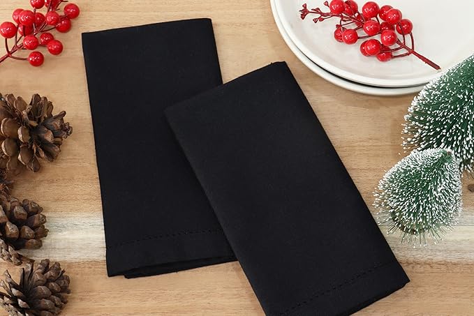PurpleEssences Set of 12 Hemstitch Cloth Dinner Napkins 100% Cotton - Soft Durable Washable - Ideal for Wedding Christmas Holiday Winter - Perfect Everyday Use Table Linen 18x18 - Black