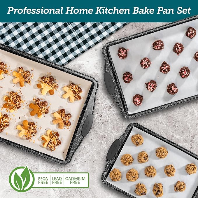 BAKKEN Kitchen Baking Pans - 15.15 x 10.03" Medium Nonstick Sheet, Durable Carbon Steel Cookie Sheet with Gray Silicone Handles, PFOA, PFOS, PTFE Free, Oven Safe Tray (Up To 450°F), Set of 1