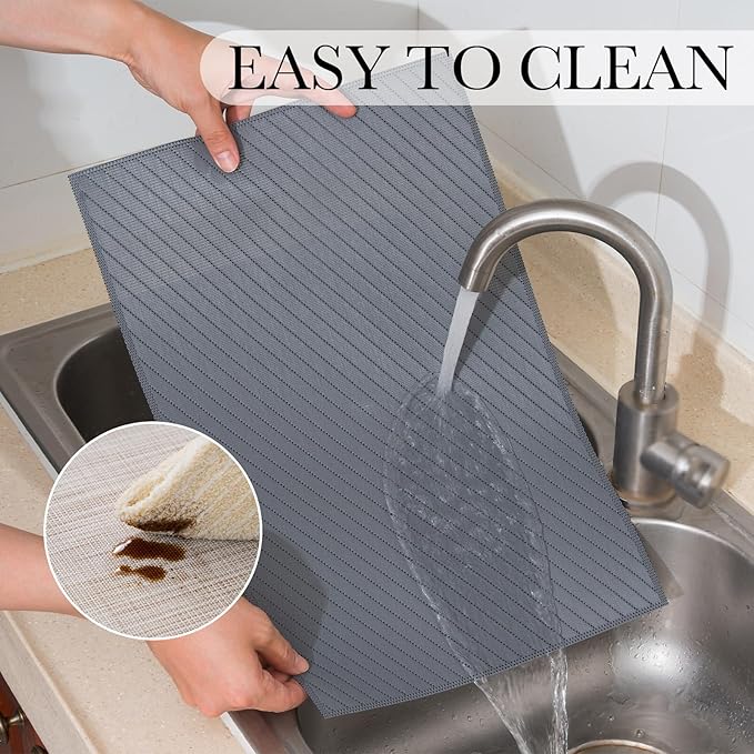 BACKTOEDEN Placemats Set of 6 Heat Resistant Washable Wipeable Placemat Woven Non-Slip Foldable Vinyl/Plastic Place Mats Indoor/Outdoor Mat Kitchen Dining Table Pad, Dark Gray Twill