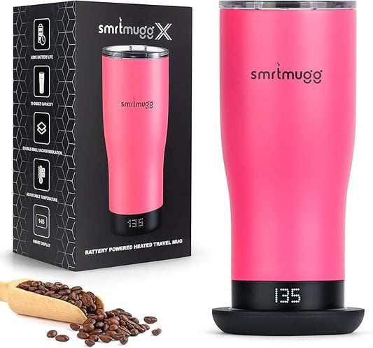 X Heated Coffee Mug 19 oz., 8 Hour Battery Life, Self-Heating, Adjustable Temp Controlled, LCD Screen, Includes Cover with Magnetic Slider (Black) (Hot Pink)