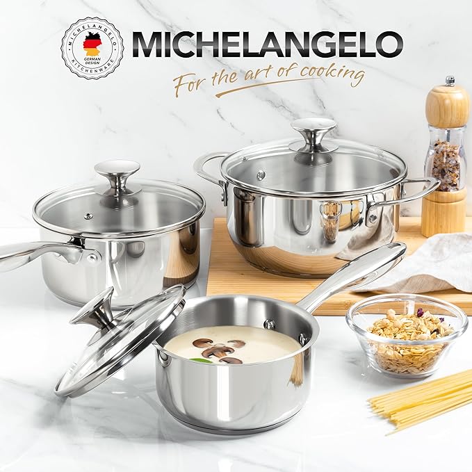 MICHELANGELO Stainless Steel Pot Set with Lids 1QT & 2QT & 3QT, Stainless Steel Saucepan Set 6pcs, 18/10 Induction Saucepans, Induction Compatible, Dishwasher Safe