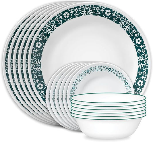 Corelle Vitrelle 18 Piece Glass Dinnerware Sets Service for 6, Triple Layer Chip & Crack Resistant Glass Plate and Bowl Sets, Penelope