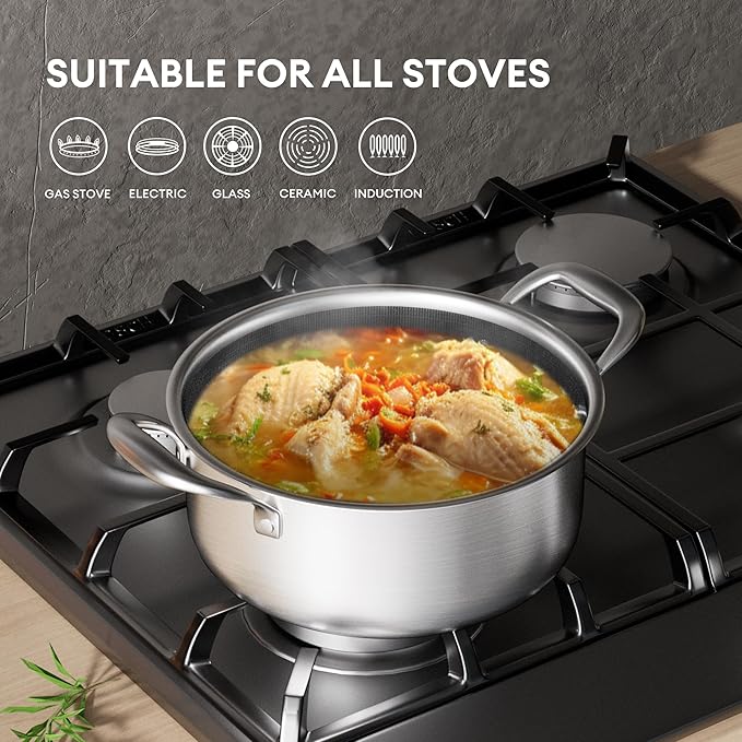 COOKER KING Stainless Steel Stockpot, 5 Quart Pot, Stock Pot with Glass Lid for Soup Pasta Vegetable, Induction Cooking Pot for All Stoves, Oven & Dishwasher Safe