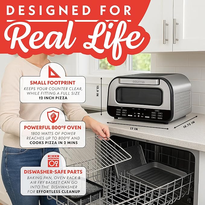 Gourmia Indoor Pizza Oven Air Fryer Toaster – 1800W Countertop Multi-Cooker with Pizza Stone, Digital Controls & 6 Presets, Stainless Steel