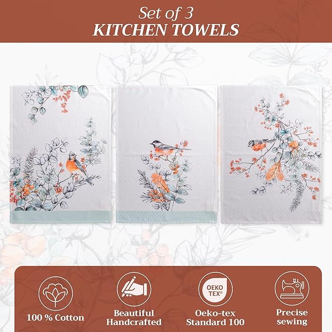 Maison d' Hermine Kitchen Towels Set of 3 100% Cotton 20" x 27.5" Reusable Cloth Tea Dish Towels Absorbent with Hanging Loop for Kitchen Thanksgiving Christmas Decorations (Whitish Shabby Chique)