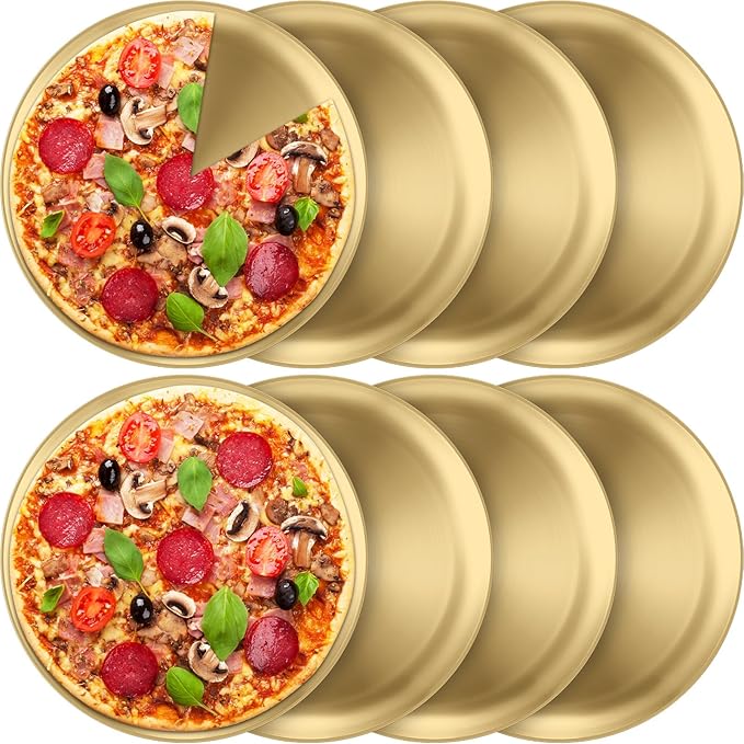 Thenshop 8 Pieces 12 Inch Pizza Pans Bulk Stainless Steel Sets Round Bakeware Pizza Trays for Oven Kitchen Baking Home Restaurant Safe Sturdy Reusable Easy Clean(Gold)
