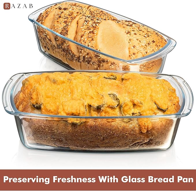 Razab LARGE 7.6 Cups/1800 ML/1.9 Qt Glass Loaf Pan with Lids (Set of 2) - Meatloaf Pan BPA free Airtight Lids Grip Handle Easy Carry, Microwave and Oven Safe - Loaf Pans For Baking Bread, Cakes