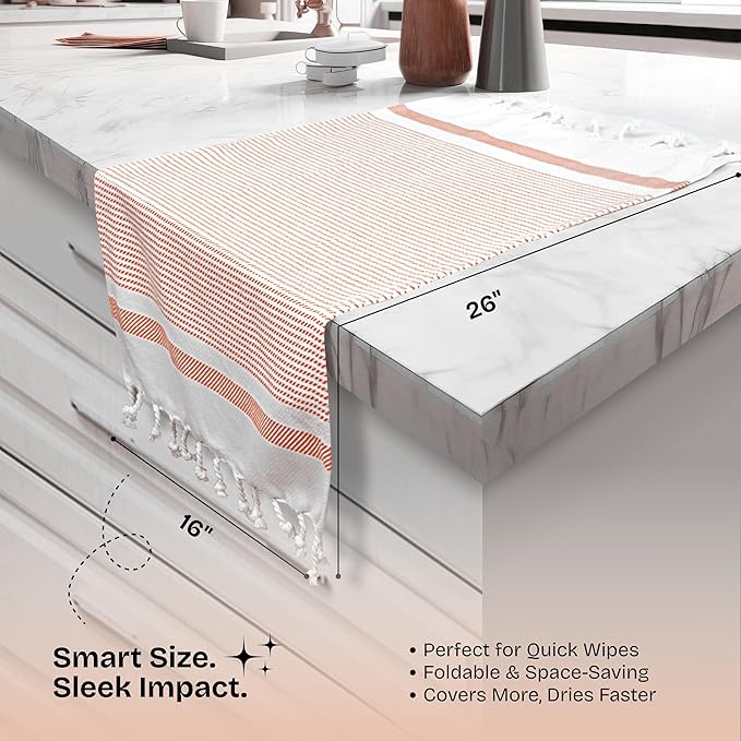 Orange Turkish Kitchen Towels 16x26 Inch, 3 Pack, 100% Cotton, Ultra Absorbent, Soft, Fast Dry, Machine Washable, Dish Towel with Tassels for Drying Dishes, Cleaning, Everyday Use