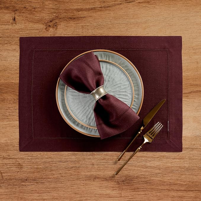 Solino Home Linen Cloth Placemats Set of 4 - 100% Pure Linen Hemstitch Burgundy Placemats 14 x 19 Inch - Classic Hemstitch Table Place Mats for Fall, Autumn, Thanksgiving, Holiday, Winter
