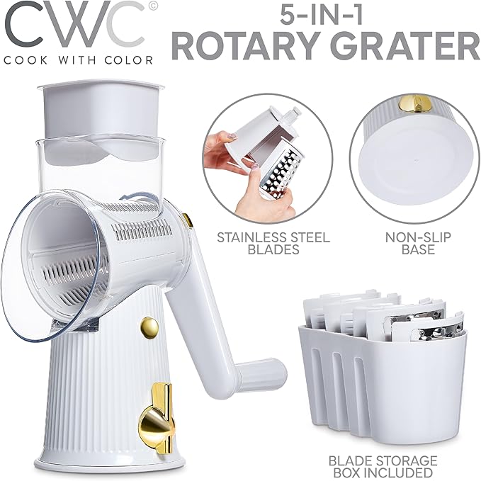 COOK WITH COLOR Rotary Cheese Grater with Handle - Counter Cheese Grater Suction Base with Hand Crank - 5 Blade Cheese Shredder - Easy to Use Manual Vegetable Chopper and Mandolin