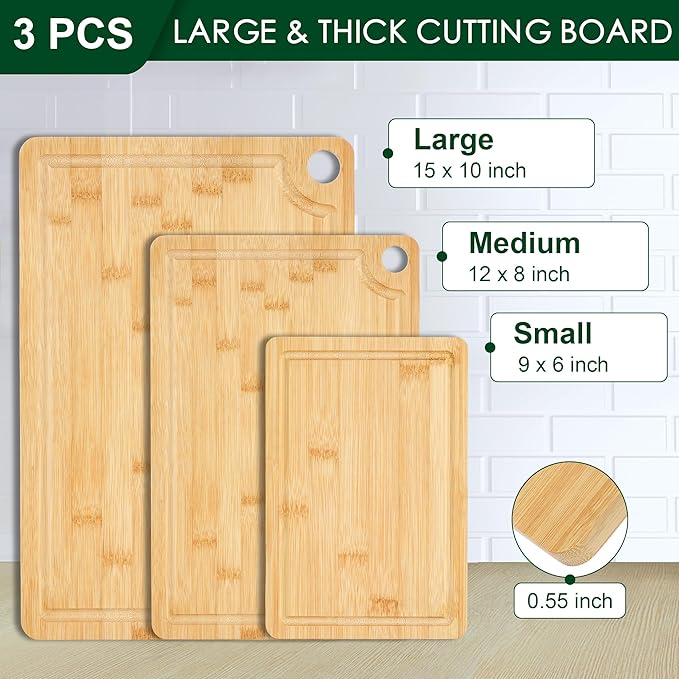 Bamboo Cutting Board Set of 3 - Durable Bamboo Cutting Boards with Deep Juice Grooves & Built-in Handles & Hanging Holes, Reversible Wooden Cutting Boards for Kitchen, Meat, Vegetables
