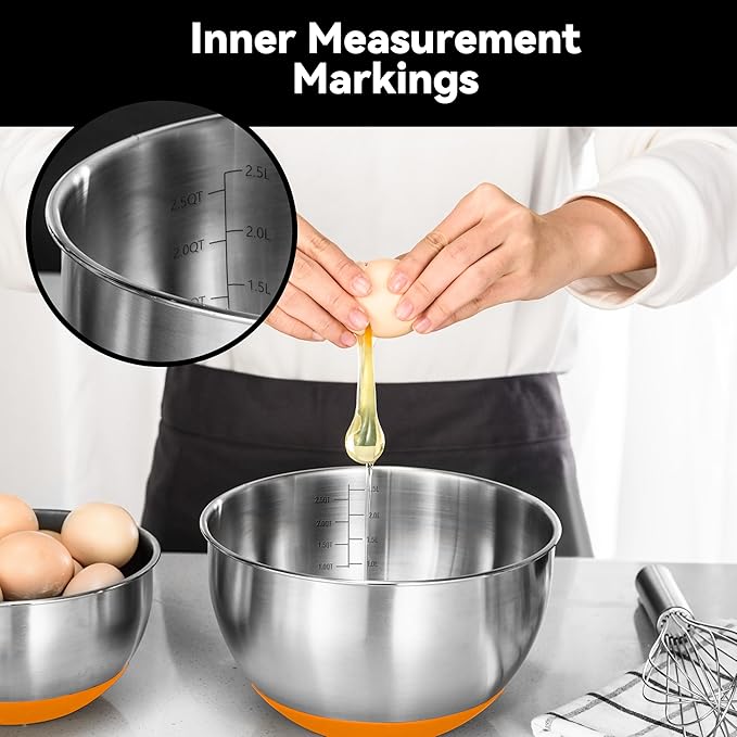 Stainless Steel Mixing Bowls with Lids – Set of 5 Large Nesting Metal Bowls for Kitchen, Baking, Cooking, Food Prep & Storage, Non-Slip Base, Dishwasher Safe,Orange