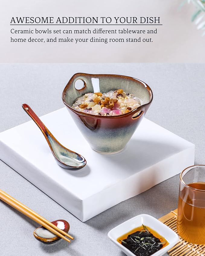 HENXFEN LEAD Japanese Ramen Bowls Set of 2 - Deep Ceramic Soup Bowls with Spoons, Chopsticks and Holder, 20 Oz Serving Dishes for Pho, Udon Noodle, Cereal - Reactive Red