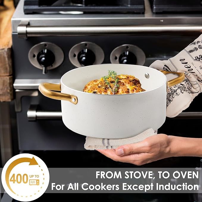 Ceramic Cookware Set, VONIKI 16 Pcs Pots and Pans Set Non Stick, Kitchen Cookware Sets with Cooking Utensils Set, Non Toxic Cookware Set White Gold Pan Set for Cooking Pot Oven & Dishwasher Safe, Gift