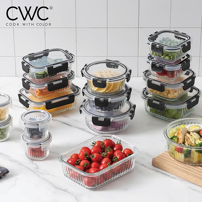 COOK WITH COLOR Premium 32-Pc. Borosilicate Glass Food Container Set with Dividers - 4 Rectangles, 8 Rounds, 4 Squares - Leakproof Lids - Meal Prep, Storage, Fluted Ombre Black