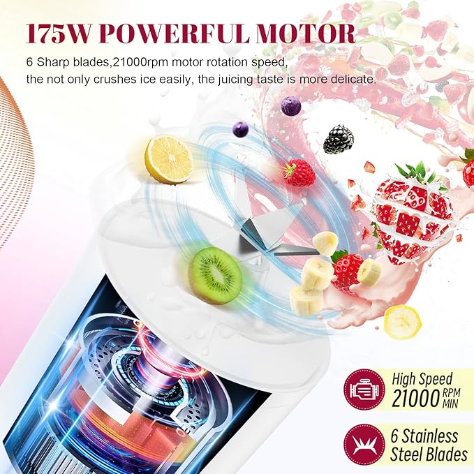 Portable Personal Blender 17 OZ/500 ML Juicer, 175W Personal Size Blender, Ideal for Smoothies, Ice Blending, Juicing, and Food Processing, Compact, Convenient, and Versatile (White)