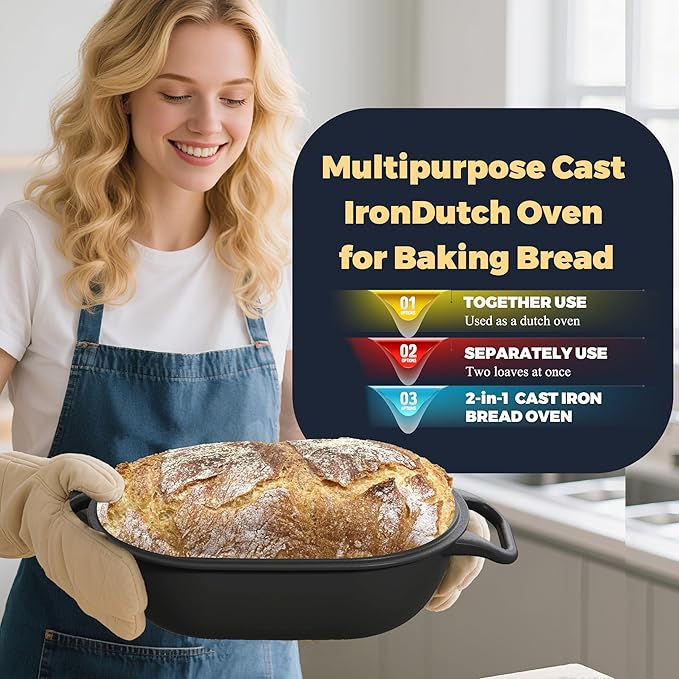 Oval Dutch Oven for Bread Baking 12 x 8 Inch, Pre-Seasoned Cast Iron Bread Oven for Sourdough, Dutch Oven Bread Loaf Pan for a Crispy Crust, 5QT