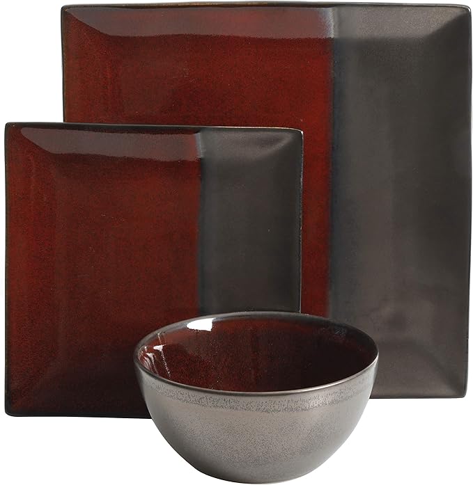 Gibson Elite Decadence 12 Piece Reactive Glaze Dinnerware Set Service for 4, Red with Reactive Metallic Color -