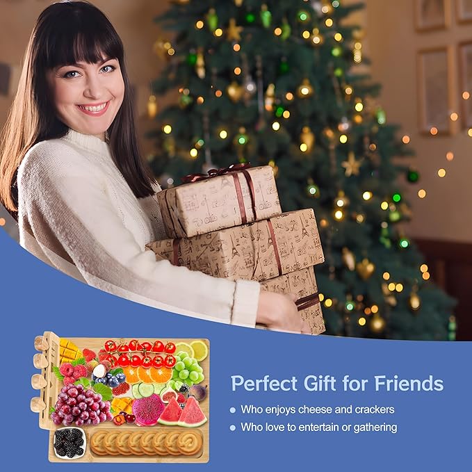 Bamboo Cheese Board and Knife Set - 14” x 11” Large Charcuterie Boards Set, Cheese Tray Platter Servers with Clasp Knife Holder, Gift for Anniversary, Housewarming, Christmas, Thanksgiving