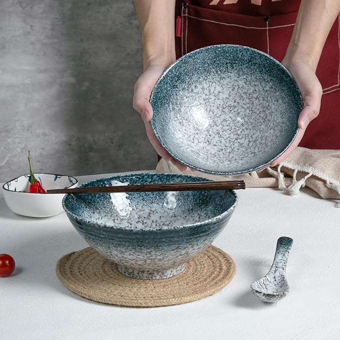 34 oz Ceramic Ramen Bowl Set of 2, Ramen Noodle Bowl with Spoons and Chopsticks 8 Inch (Stone)