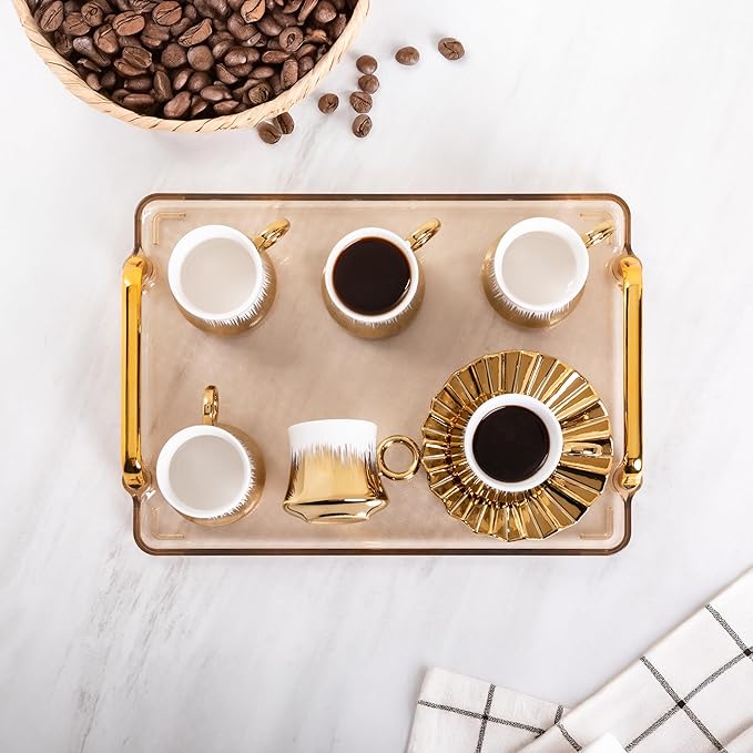 Turkish Coffee Cup Set of 6 with Saucers & Tray - Luxury Arabic Greek Japanese Marble Ceramic Tea Cups for Espresso Cappuccino Latte Mocha, Ideal Gift - 3.5oz,- White