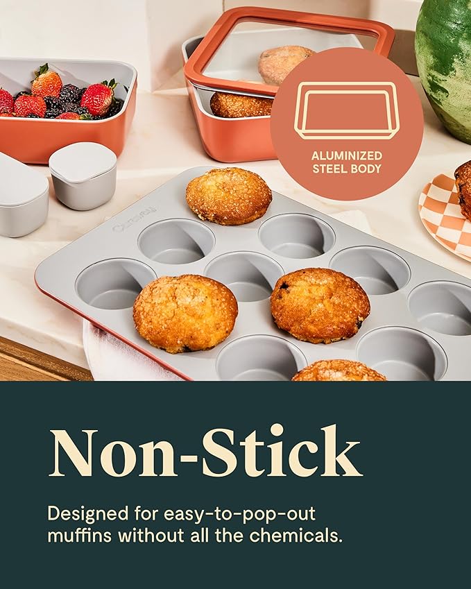Caraway Non-Stick Ceramic 12-Cup Muffin Pan - Naturally Slick Ceramic Coating - Non-Toxic, PTFE & PFOA Free - Perfect for Cupcakes, Muffins, and More - Slate