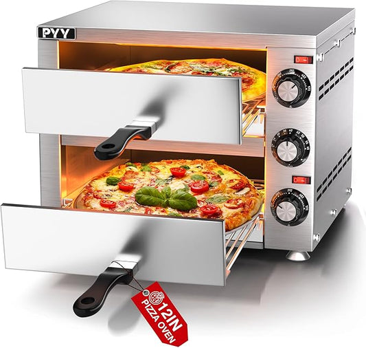 PYY Countertop Pizza Oven 12 Inch Electric Indoor Pizza Oven Commercial Stainless Steel 2-Layers Pizza Cooker with Timer for Home Restaurant (Grey)