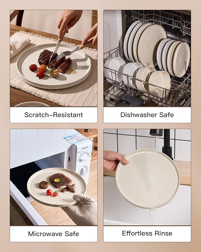 Stoneware Dinnerware Sets, Dish Set for 8, 24 Pieces Spiral Dishware Set with Straight Rim, Speckles & Reactive Glaze - Microwave and Dishwasher Safe Tableware, Shell Beige