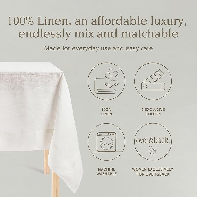 over&back 100%-Linen Woven Tablecloth - Colorful Dining Room Table Cover - Mitered Corner Hems - Machine Washable - Kitchen and Home Decor - Ivory - 70x90