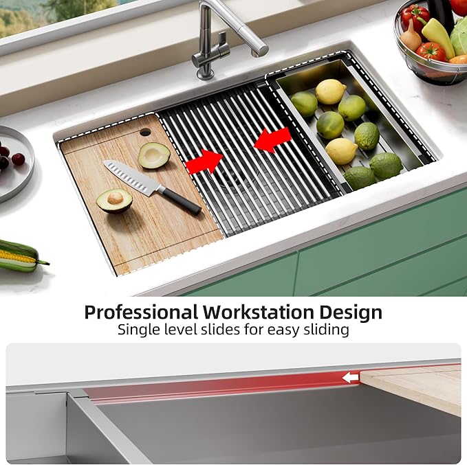 33 Undermount Kitchen Sink, 33x19 Stainless Steel Sinks 16 Gauge Deep Single Bowl Workstation，Under Counter Kitchen Sink with Built-in Accessories