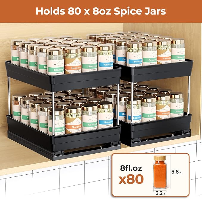 Pull Out Spice Rack Organizer for Cabinet, Slide Out Spice Racks Organizer, Easy to Install Spice Cabinet Organizers, 8.26''Wx10.6''Dx8.7''H, 2 Pack-2 Tier(Black)