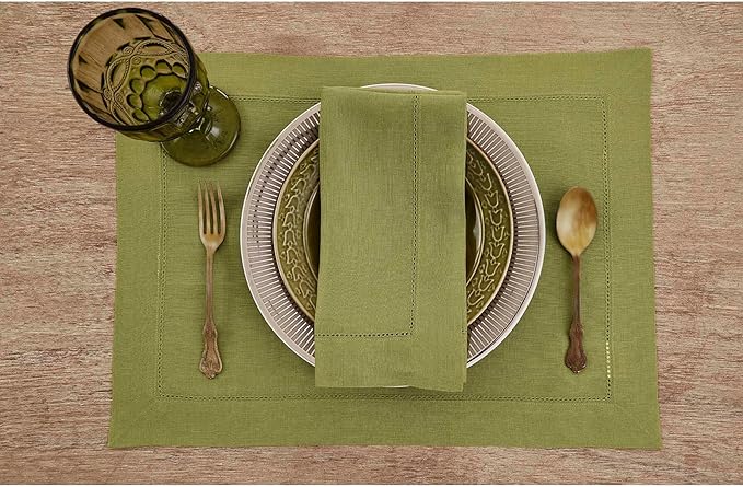 Solino Home Linen Napkins Set of 4 - Classic Hemstitch 100% Pure Linen Avocado Green Dinner Napkins Cloth 20 x 20 Inch for Fall, Autumn, Thanksgiving, Winter - Handcrafted and Machine Washable