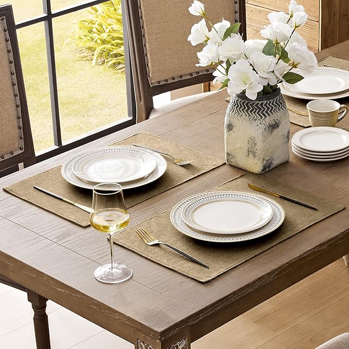 Romanstile Cloth Placemats Set of 4-12 x 18 Inch, Heat Resistant Double Layered Thickened Burlap Place Mats, Washable Faux Linen Farmhouse Table Mats for Kitchen/Dining/Party/Outdoor, Khaki