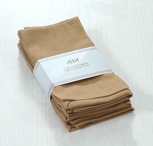 ANA Cloth Napkins Set of 12 (17.5x17.5) inch 100% Cotton Dinner Napkin Washable Hotel Quality Reusable Kitchen & Table Linen for Fall Thanksgiving Family Dinners Weddings & Everyday Use - Brown